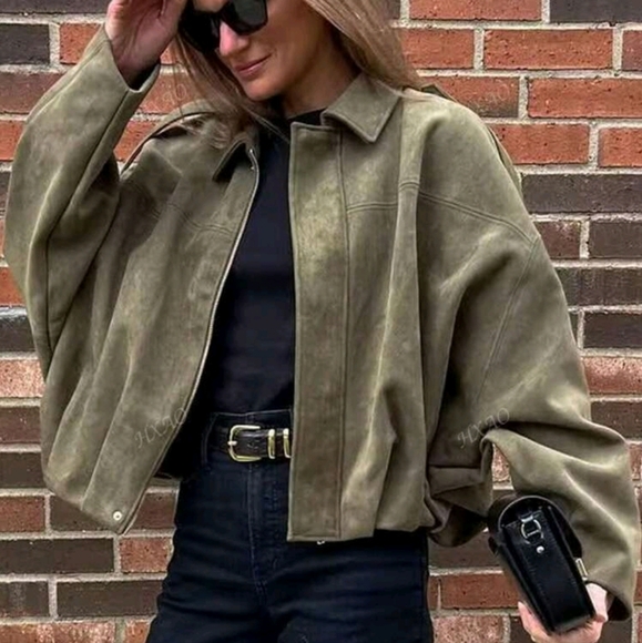 Jackets & Blazers - Women's Bomber Jacket Spring Coat Loose Long Sleeves Zip Vintage Jacket Ladies